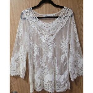 Miss Kelly 1999 White Lace Sheer Blouse~Size L